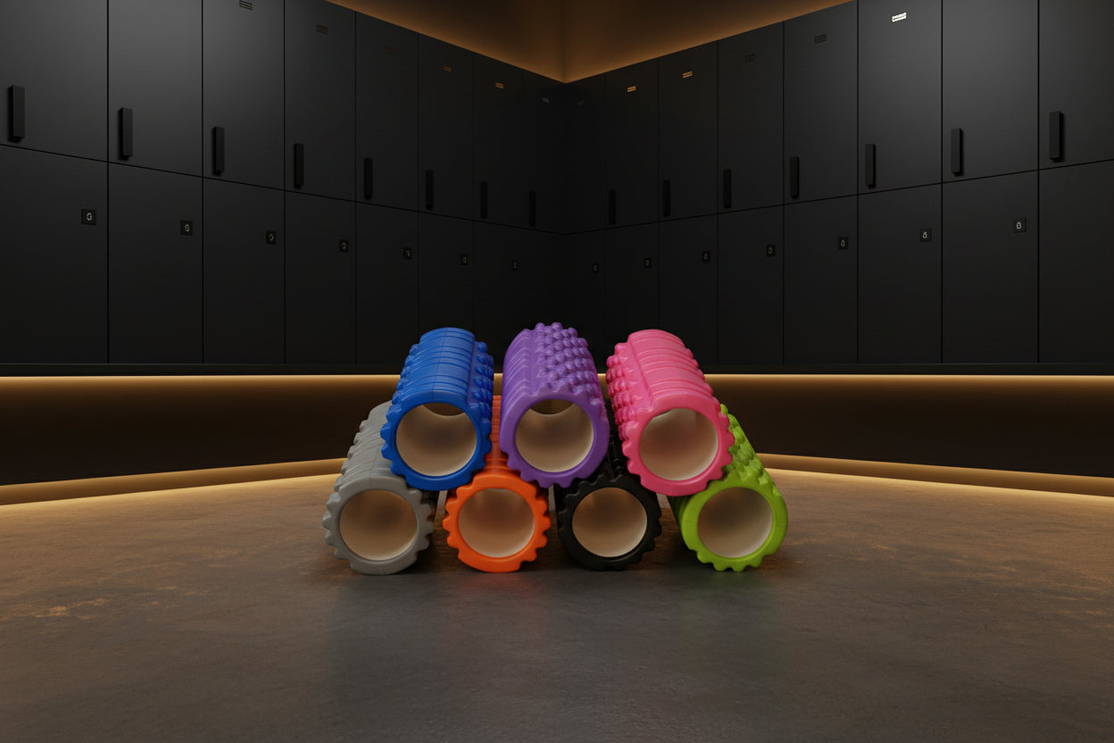 Set of colorful foam rollers on a beige background